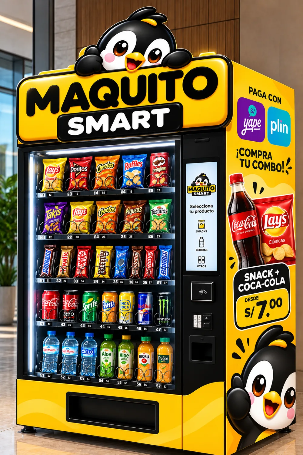 Máquina expendedora Maquito Smart amarilla y negra con snacks, bebidas, Yape y Plin